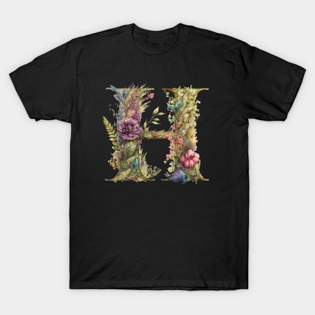 Floral Garden Watercolor Monogram Letter H T-Shirt by FloralFancy